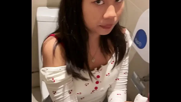 18 years old Asian girl sucked my in public restroom, HUGE cumshot on her face